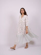 White Floral Hand Block Printed Cotton Tiered Dress
