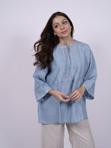 Blue Hand-Embroidered Linen Top