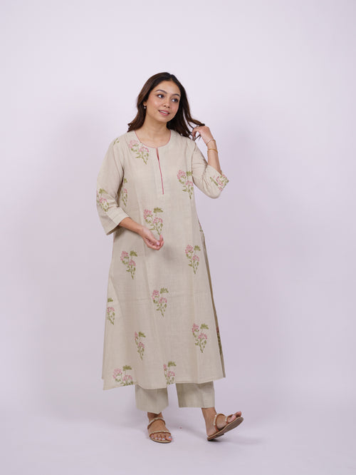Beige Cotton Hand-Block Printed Kurta