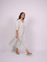 White Floral Hand Block Printed Cotton Tiered Dress