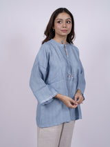 Blue Hand-Embroidered Linen Top