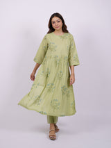 Green Cotton Hand-Block Printed Gathering Kurta