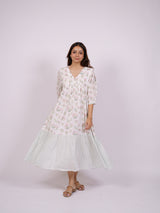 White Floral Hand Block Printed Cotton Tiered Dress