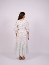 White Floral Hand Block Printed Cotton Tiered Dress