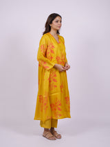 Yellow Satin Chanderi Hand Block Printed Kurta