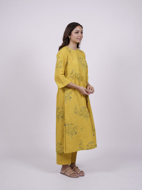 Yellow Cotton Hand-Block Printed Gathering Kurta