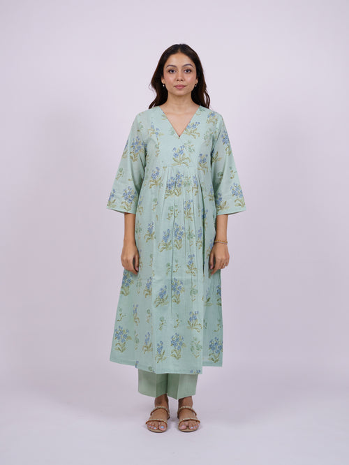 Green Cotton Hand-Block Printed Pleated Kurta