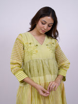 Green Tiered Hand Block Printed Chanderi Dress