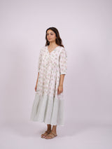White Floral Hand Block Printed Cotton Tiered Dress