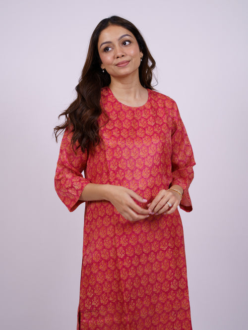 Orange Hand-Block Printed Satin Chanderi Kurta
