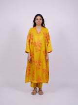 Yellow Satin Chanderi Hand Block Printed Kurta