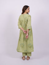 Green Cotton Hand-Block Printed Gathering Kurta