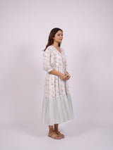 White Floral Hand Block Printed Cotton Tiered Dress