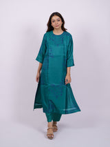 Green Hand-Block Printed Satin Chanderi Straight Kurta