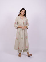 Beige Cotton Hand-Block Printed Pleated V-Neck Kurta