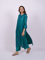 Green Hand-Block Printed Satin Chanderi Straight Kurta