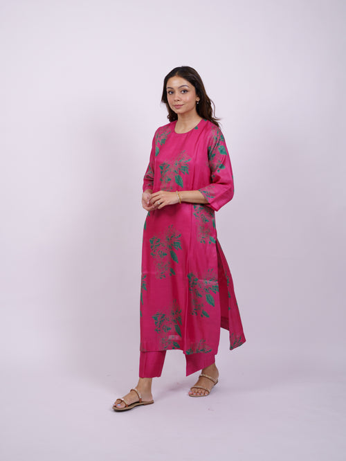 Pink Satin Chanderi Hand Block Printed Kurta