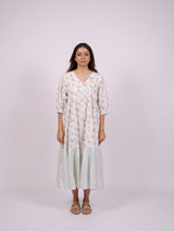 White Floral Hand Block Printed Cotton Tiered Dress