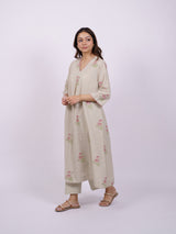 Beige Cotton Hand-Block Printed Pleated V-Neck Kurta