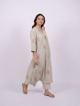 Beige Cotton Hand-Block Printed Pleated V-Neck Kurta