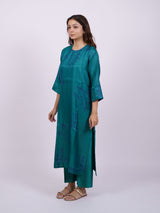 Green Hand-Block Printed Satin Chanderi Straight Kurta