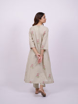 Beige Cotton Hand-Block Printed Pleated V-Neck Kurta