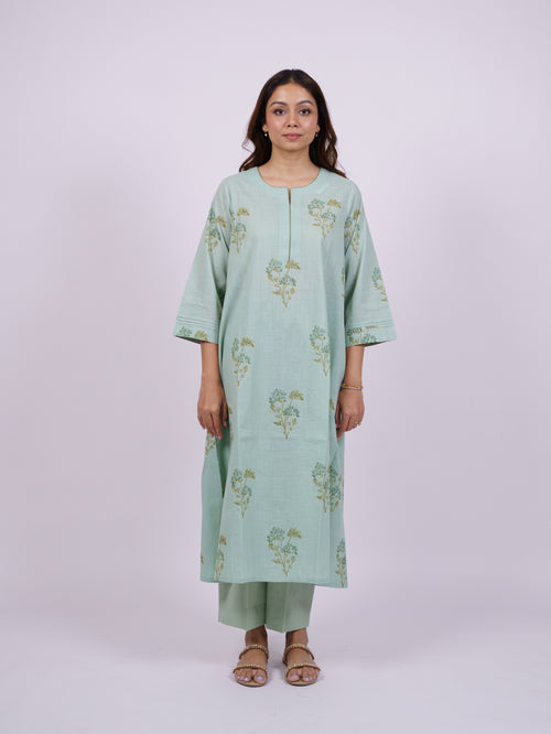 Green Cotton Hand-Block Printed Straight Kurta