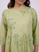 Green Cotton Hand-Block Printed Gathering Kurta
