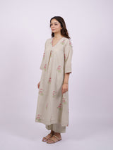 Beige Cotton Hand-Block Printed Pleated V-Neck Kurta