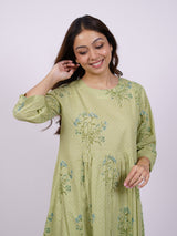 Green Cotton Hand-Block Printed Gathering Kurta