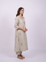 Beige Cotton Hand-Block Printed Pleated V-Neck Kurta