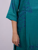 Green Hand-Block Printed Satin Chanderi Straight Kurta