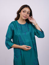 Green Hand-Block Printed Satin Chanderi Straight Kurta