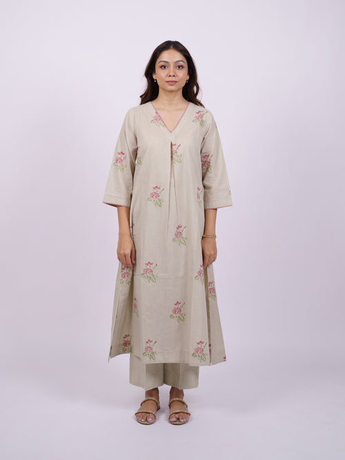 Beige Cotton Hand-Block Printed Pleated V-Neck Kurta