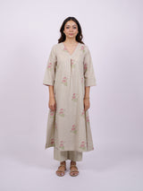 Beige Cotton Hand-Block Printed Pleated V-Neck Kurta