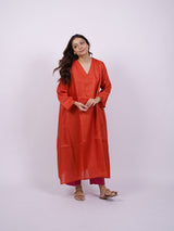 Orange Satin Chanderi Hand Block Printed Kurta