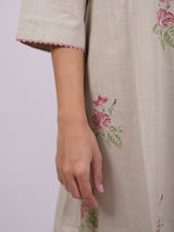 Beige Cotton Hand-Block Printed Pleated V-Neck Kurta