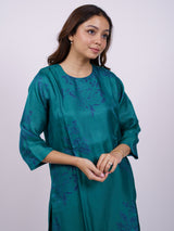 Green Hand-Block Printed Satin Chanderi Straight Kurta