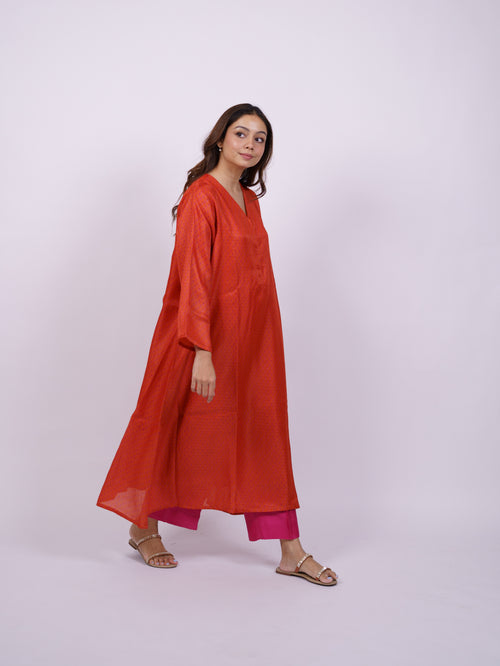 Orange Satin Chanderi Hand Block Printed Kurta