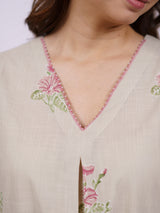 Beige Cotton Hand-Block Printed Pleated V-Neck Kurta