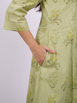 Green Cotton Hand-Block Printed Angrakha Kurta