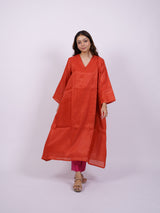 Orange Satin Chanderi Hand Block Printed Kurta