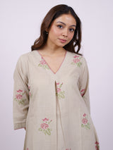 Beige Cotton Hand-Block Printed Pleated V-Neck Kurta