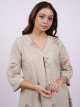 Beige Cotton Hand-Block Printed Pleated V-Neck Kurta