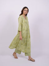 Green Cotton Hand-Block Printed Angrakha Kurta
