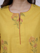 Yellow Cotton Hand-Block Printed Straight Kurta