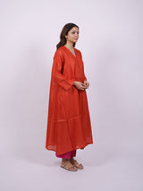 Orange Satin Chanderi Hand Block Printed Kurta