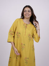 Yellow Cotton Hand-Block Printed Straight Kurta