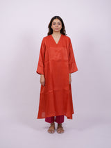 Orange Satin Chanderi Hand Block Printed Kurta