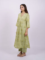 Green Cotton Hand-Block Printed Angrakha Kurta